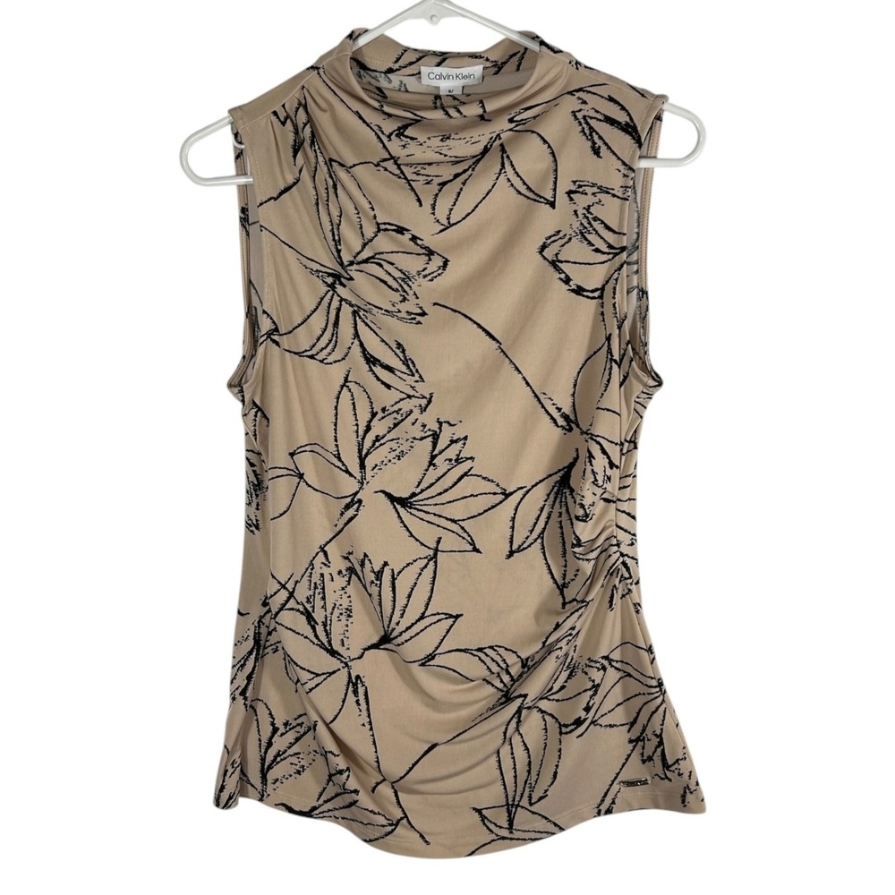 Calvin Klein Womens Tan Black Floral Sketch Mock Neck Ruched Shell Top S